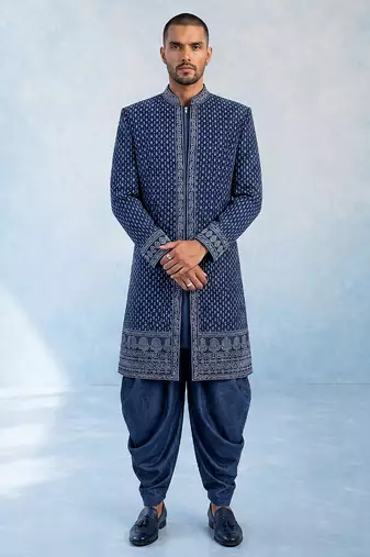 Navy blue embroidered georgette sherwani jacket
