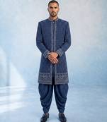 Navy blue embroidered georgette sherwani jacket