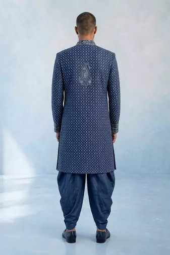 Navy blue embroidered georgette sherwani jacket