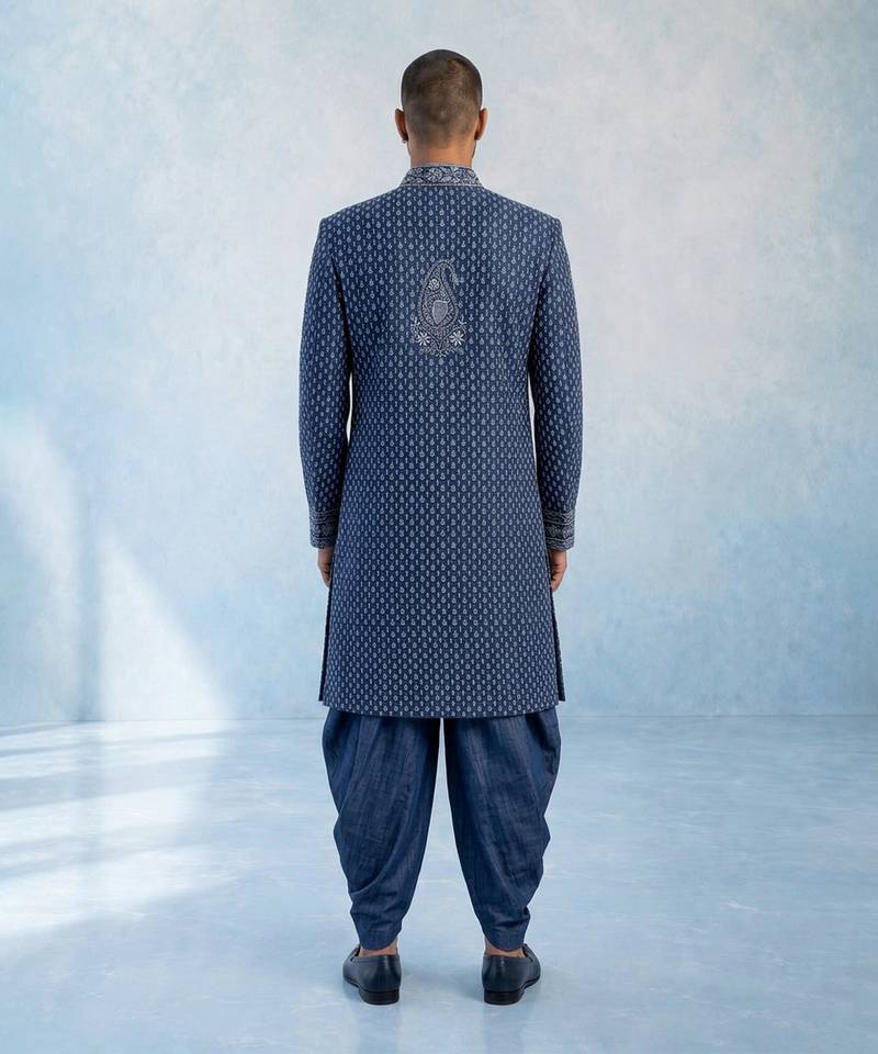 Navy blue embroidered georgette sherwani jacket