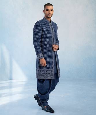 Navy blue embroidered georgette sherwani jacket 3
