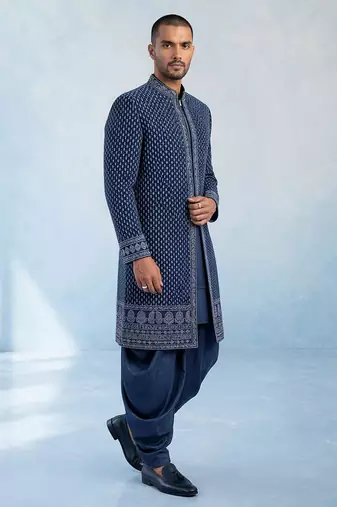 Navy blue embroidered georgette sherwani jacket
