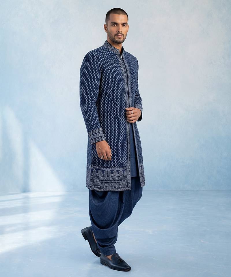 Navy blue embroidered georgette sherwani jacket