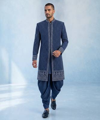 Navy blue embroidered georgette sherwani jacket 4