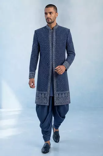 Navy blue embroidered georgette sherwani jacket