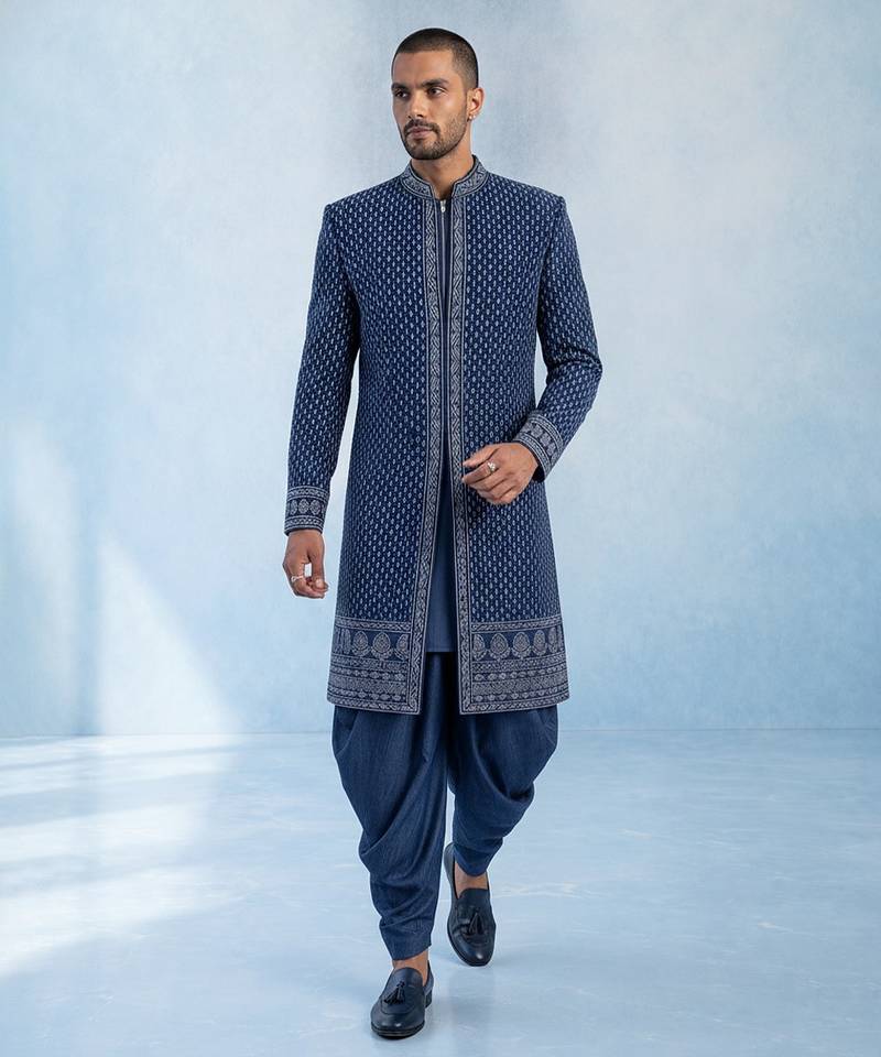 Navy blue embroidered georgette sherwani jacket