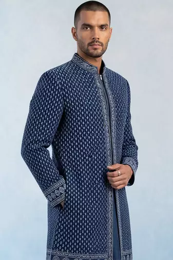 Navy blue embroidered georgette sherwani jacket