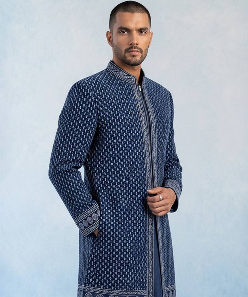 Navy blue embroidered georgette sherwani jacket