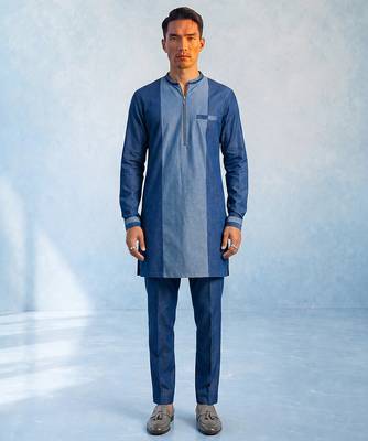 Denim blue colour blocked kurta pant set 1