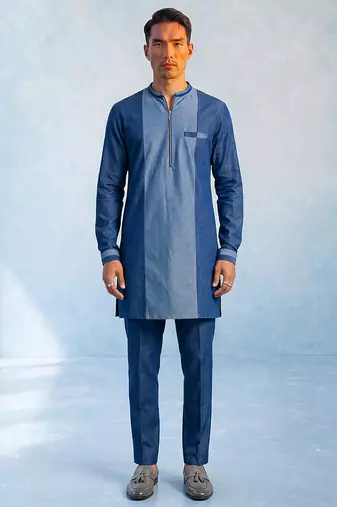 Denim blue colour blocked kurta pant set