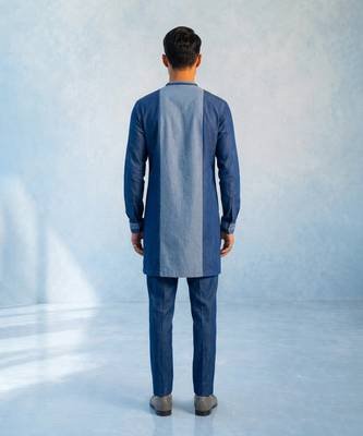 Denim blue colour blocked kurta pant set 2