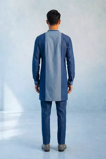 Denim blue colour blocked kurta pant set
