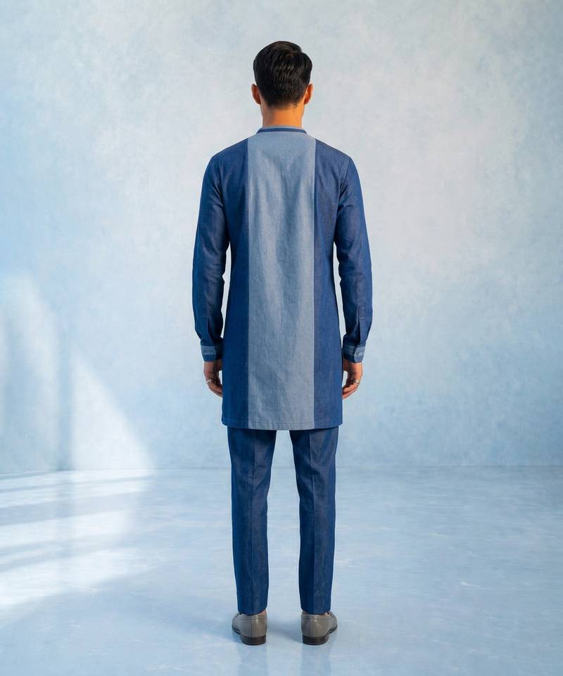 Denim blue colour blocked kurta pant set