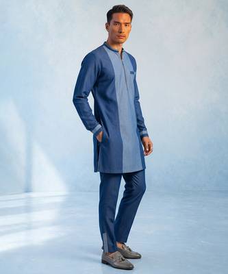 Denim blue colour blocked kurta pant set 3