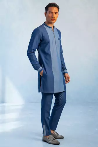 Denim blue colour blocked kurta pant set
