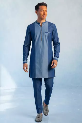 Denim blue colour blocked kurta pant set