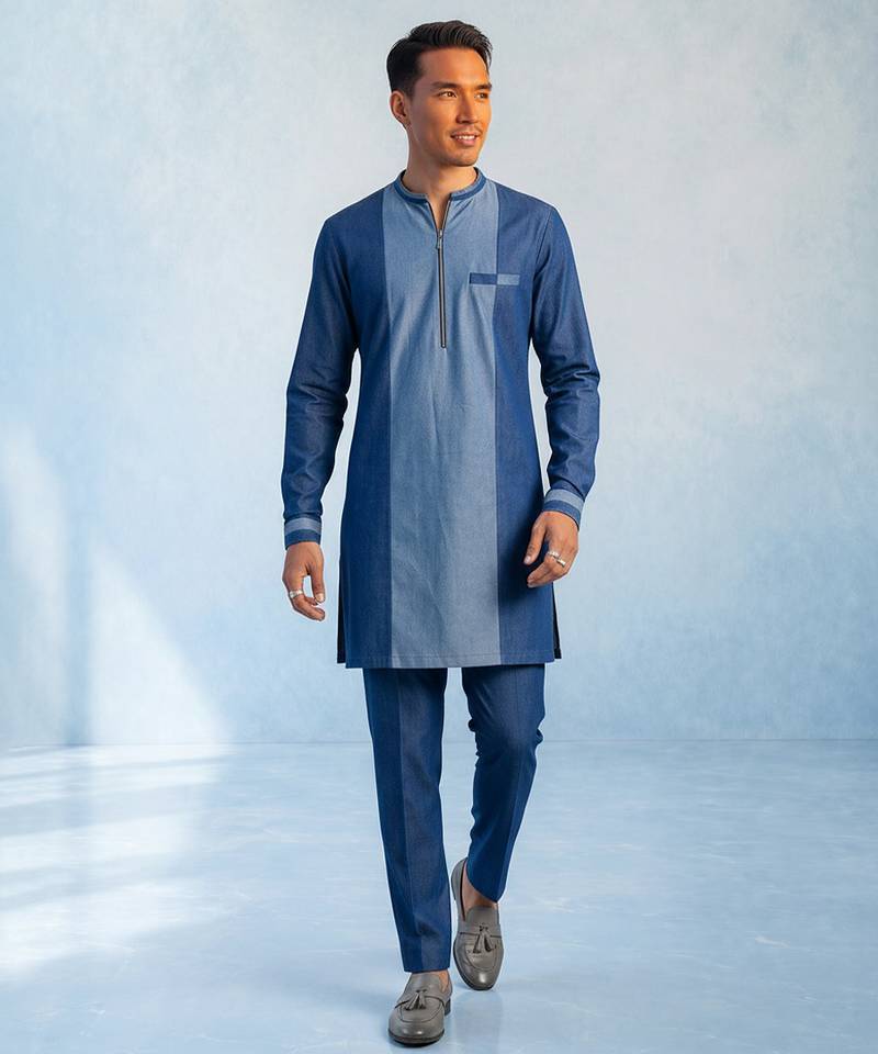 Denim blue colour blocked kurta pant set
