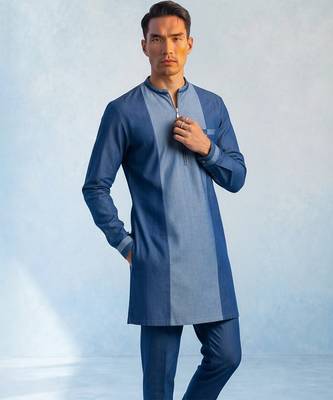 Denim blue colour blocked kurta pant set 5