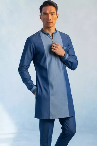 Denim blue colour blocked kurta pant set