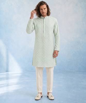 Mint green embroidered georgette kurta pant set 1