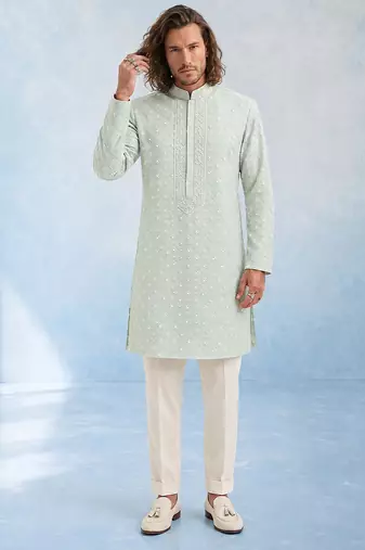 Mint green embroidered georgette kurta pant set