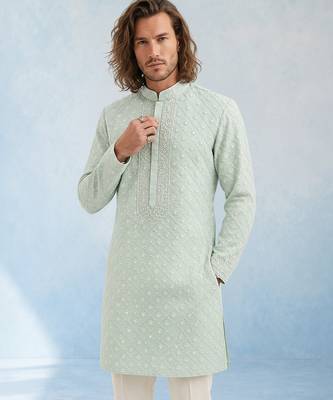 Mint green embroidered georgette kurta pant set 3
