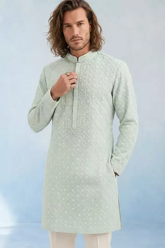 Mint green embroidered georgette kurta pant set