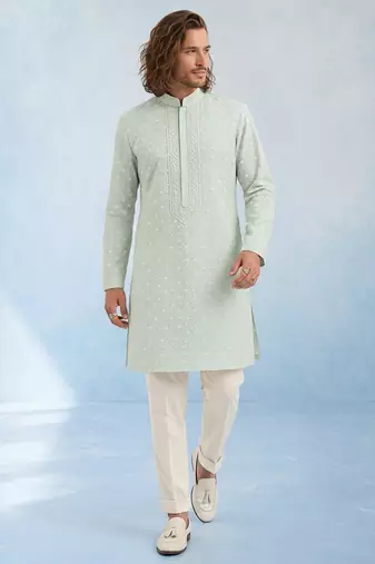 Mint green embroidered georgette kurta pant set