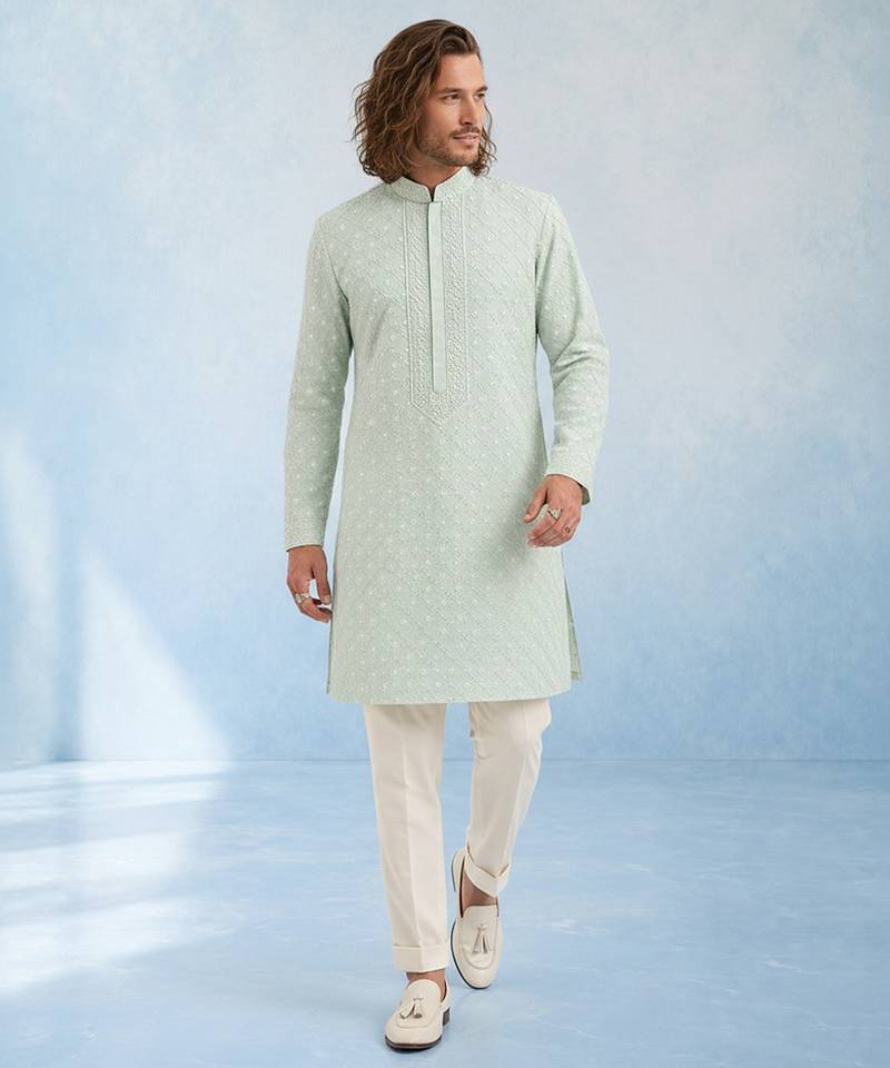 Mint green embroidered georgette kurta pant set