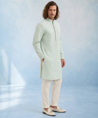 Mint green embroidered georgette kurta pant set 5