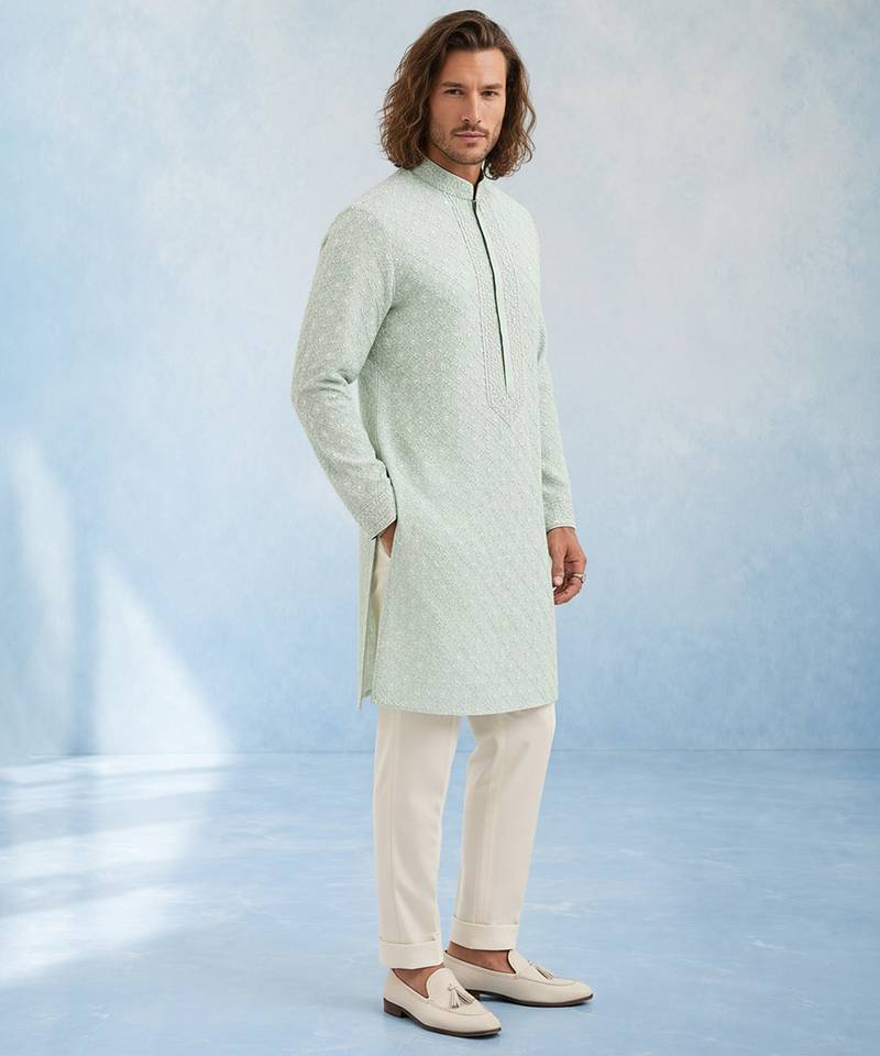 Mint green embroidered georgette kurta pant set