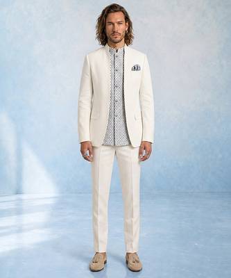 Off white and grey embroidered light wool bandhgala and pant set 1