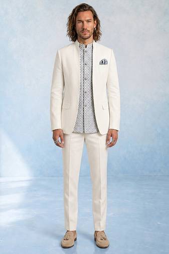Off white and grey embroidered light wool bandhgala and pant set