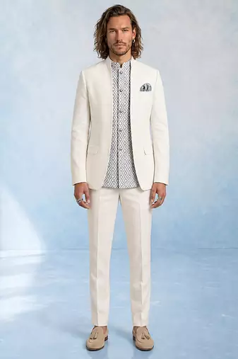 Off white and grey embroidered light wool bandhgala and pant set