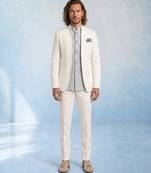 Off white and grey embroidered light wool bandhgala and pant set