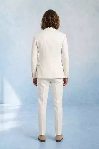 Off white and grey embroidered light wool bandhgala and pant set