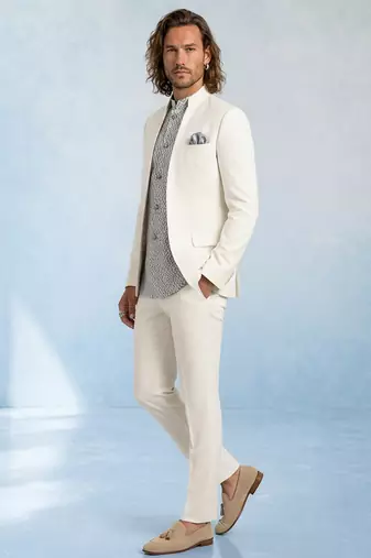 Off white and grey embroidered light wool bandhgala and pant set