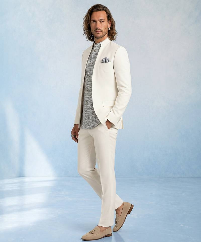 Off white and grey embroidered light wool bandhgala and pant set