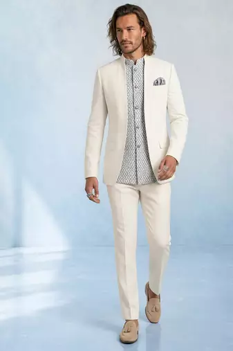 Off white and grey embroidered light wool bandhgala and pant set