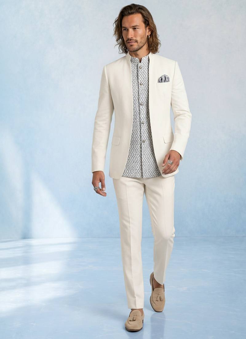 Off white and grey embroidered light wool bandhgala and pant set