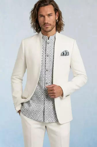 Off white and grey embroidered light wool bandhgala and pant set