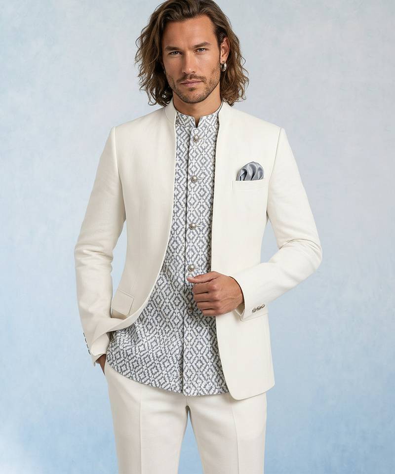 Off white and grey embroidered light wool bandhgala and pant set