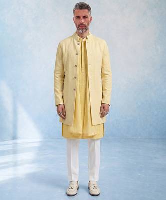 Butter yellow embroidered cotton silk sherwani jacket 1