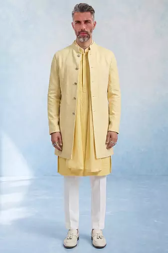 Butter yellow embroidered cotton silk sherwani jacket