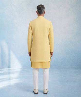Butter yellow embroidered cotton silk sherwani jacket 2