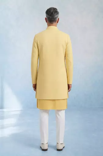 Butter yellow embroidered cotton silk sherwani jacket