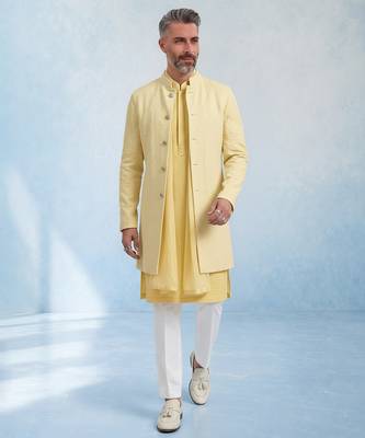 Butter yellow embroidered cotton silk sherwani jacket 3