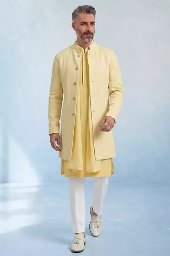 Butter yellow embroidered cotton silk sherwani jacket
