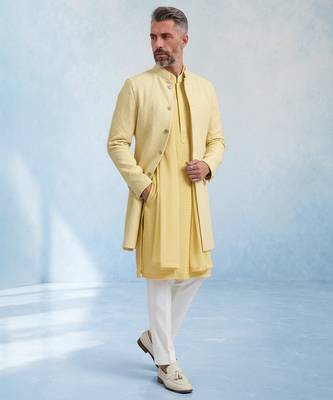 Butter yellow embroidered cotton silk sherwani jacket 4