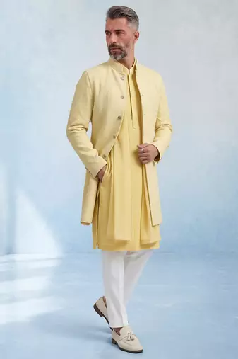 Butter yellow embroidered cotton silk sherwani jacket